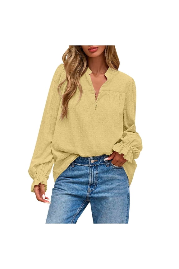 Womens Boho Long Sleeve Tops V Neck Trendy Tunic Ruffle Cuffs Casual Button Blouses Lightweight Dressy Shirts