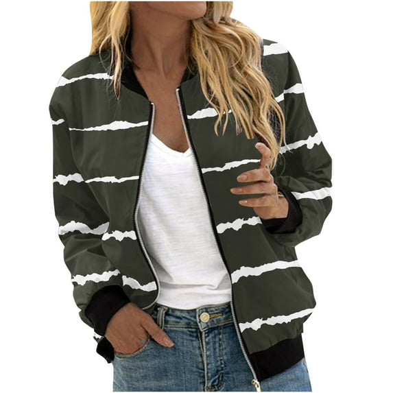 Annhoo Womens Bomber Jackets Fall Casual Long Sleeve Stand Neck Outwear Zipper up Striped Coat Classic Clothes