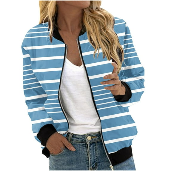 Annhoo Womens Bomber Jackets Fall Casual Long Sleeve Stand Neck Outwear Zipper up Striped Coat Classic Clothes