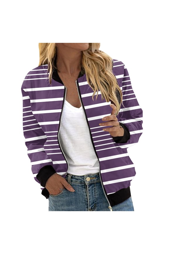 Womens Bomber Jackets Fall Casual Long Sleeve Stand Neck Outwear Zipper up Striped Coat Classic Clothes