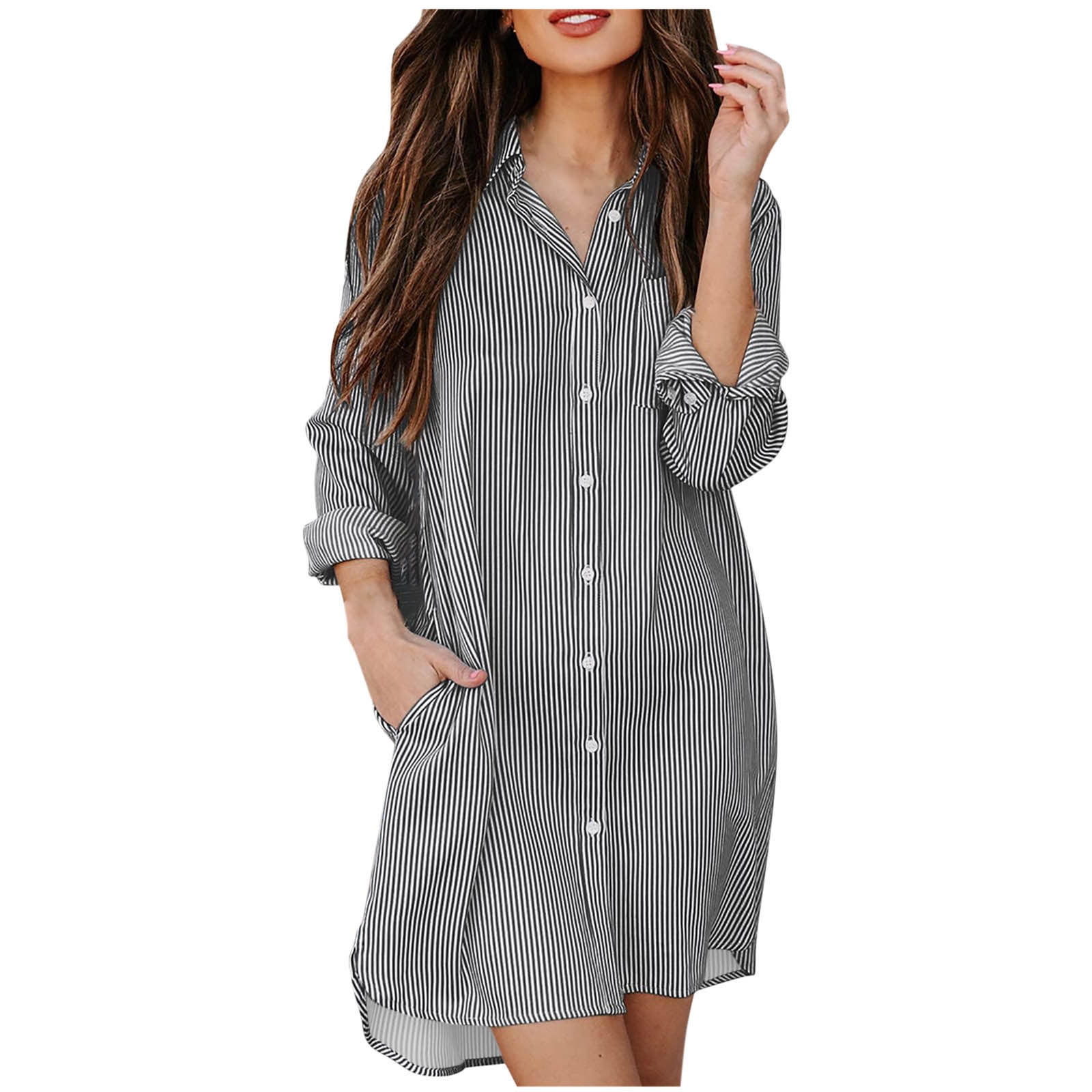 Women's Striped Midi Shirt Dress - Short Sleeve Button Down V-Neck A-Line Dress With Belt, Casual & Office Wear