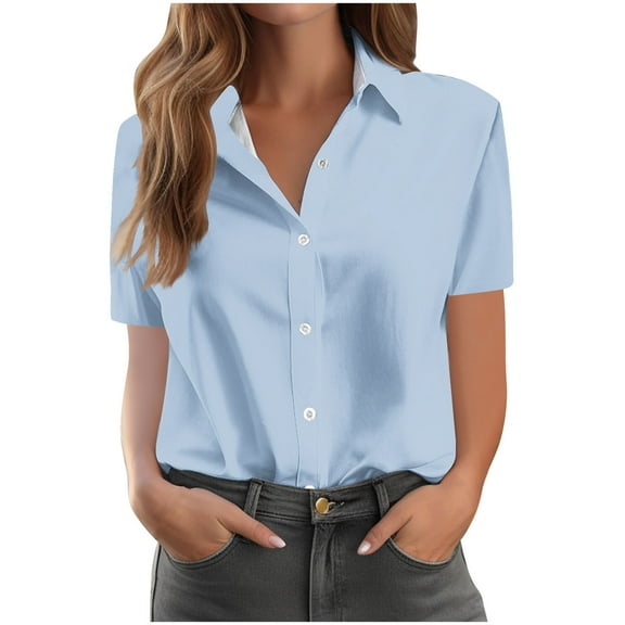 Annhoo Womens Button down Shirts Collared Casual Short Sleeve Blouses Summer Trendy Going out Basic Tops