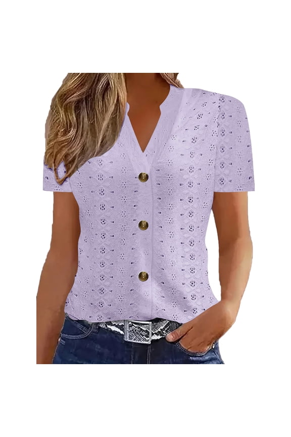 Womens Button down Shirts V Neck Eyelet Short Sleeve Tops Breathable Comfy Lounge Beach Vacation Blouses