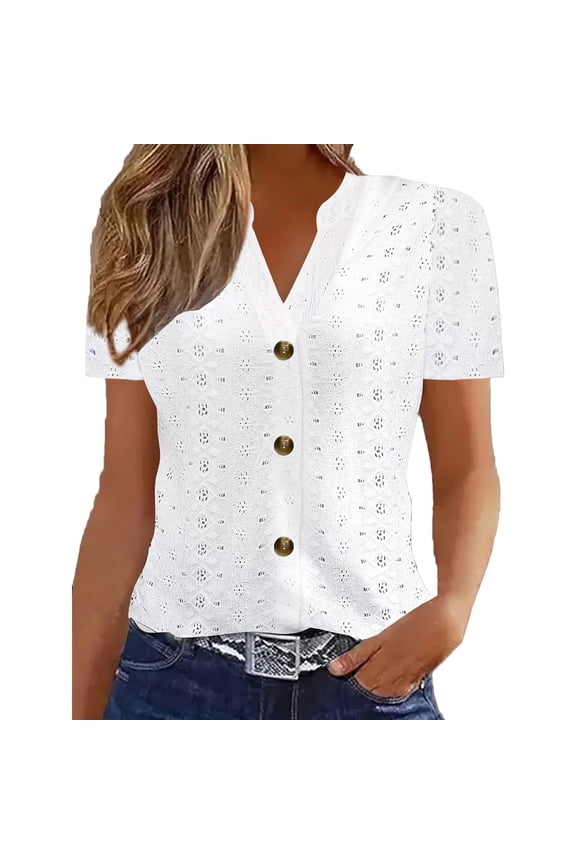 Womens Button down Shirts V Neck Eyelet Short Sleeve Tops Breathable Comfy Lounge Beach Vacation Blouses