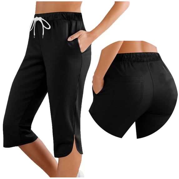 Annhoo Womens Capri Pants Loose Stretchable Plain Drawstring Athletic Yoga Sweatpants with Pockets Casual Clothes