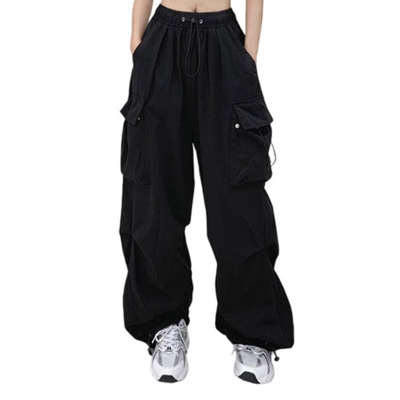 Annhoo Womens Cargo Pants Baggy High Waist Solid Color Drawstring Straight Leg Trouser with pockets Athletic Clothes