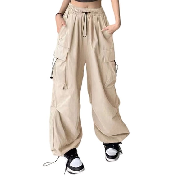Annhoo Womens Cargo Pants Baggy High Waist Solid Color Drawstring Straight Leg Trouser with pockets Athletic Clothes