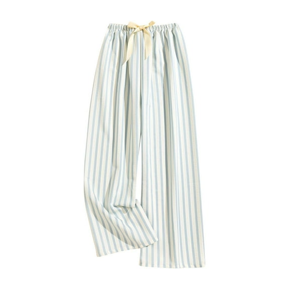 Annhoo Womens Casual Pants Pajama Cotton Striped Bow Tie Elastic Waisted Wide Leg Baggy Leisure Home Sleep Trousers