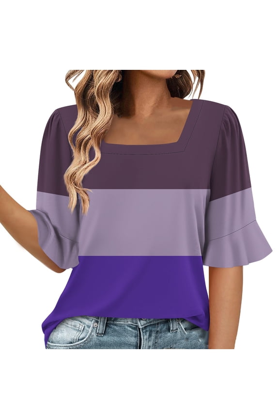 Womens Casual Tops Square Neck Color Block 3/4 Sleeve Shirts Trendy Comfy Loose Holiday Tunics