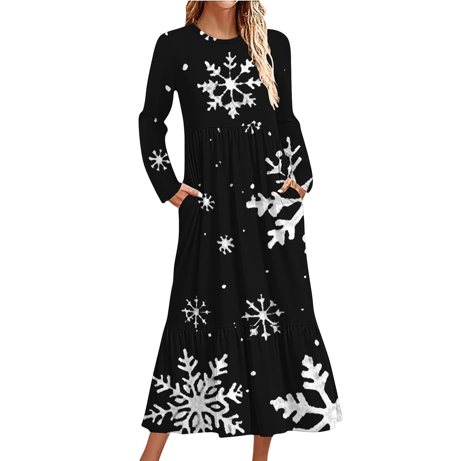 christmas dress maxi Annhoo Womens Dresses Long Sleeve Snowflake Printed Fashion Round Neck Dresses with Pockets Christmas tree
