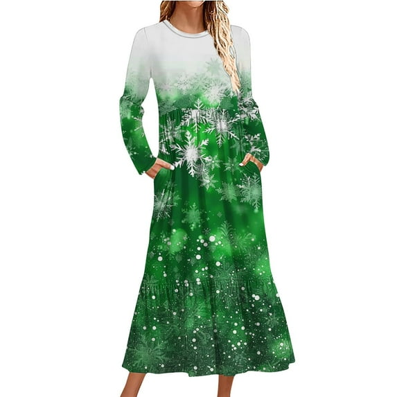Annhoo Womens Christmas Dresses Long Sleeve Snowflake Printed Maxi Dress Fashion Round Neck Dresses with Pockets