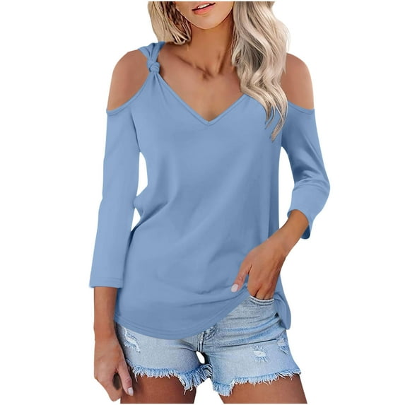 Annhoo Womens Cold Shoulder Tops Casual 3/4 Sleeve V Neck Basic T Shirts Elegant Business Work Blouses