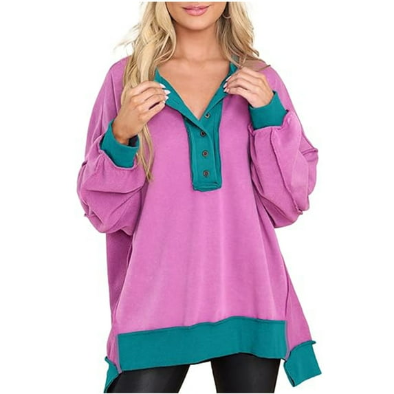 Annhoo Womens Color Block Sweatshirt Long Sleeve Button Front Oversized Sweatshirts Fall High Low Hem Pullovers