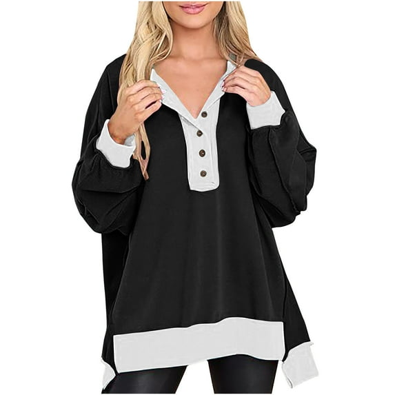 Annhoo Womens Color Block Sweatshirt Long Sleeve Button Front Oversized Sweatshirts Fall High Low Hem Pullovers