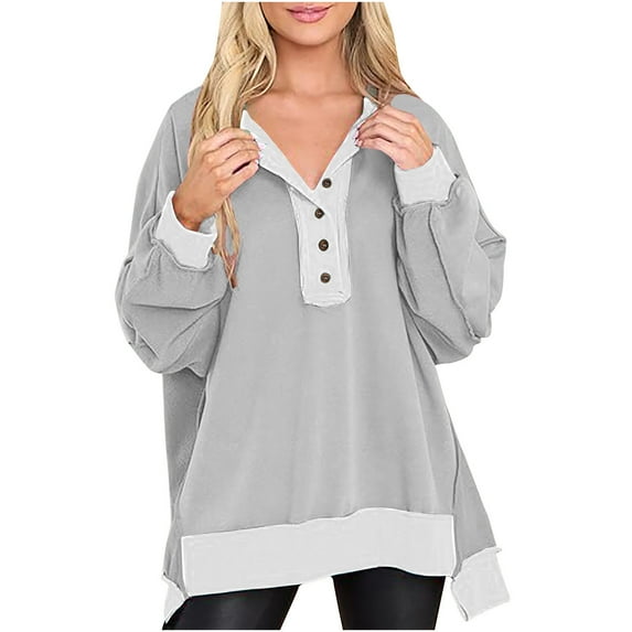 Annhoo Womens Color Block Sweatshirt Long Sleeve Button Front Oversized Sweatshirts Fall High Low Hem Pullovers
