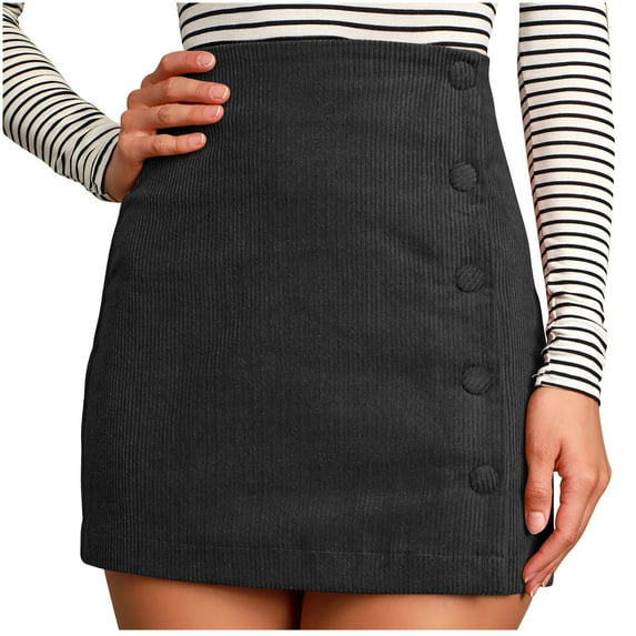 Annhoo Womens Corduroy Skirts Casual High Waist Side Button Mini Skirt Fashion Solid Color A-Line Slim Skirt