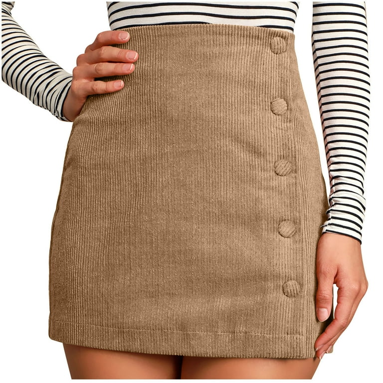 Annhoo Womens Corduroy Skirts Casual High Waist Side Button Mini Skirt Fashion Solid Color A Line Slim Skirt