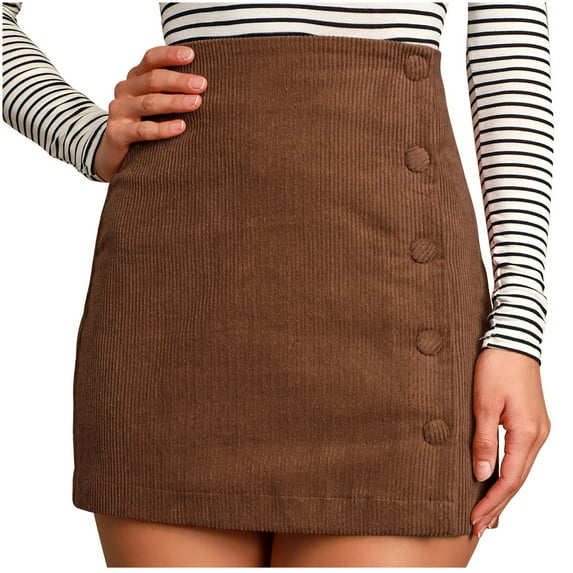 Annhoo Womens Corduroy Skirts Casual High Waist Side Button Mini Skirt Fashion Solid Color A-Line Slim Skirt
