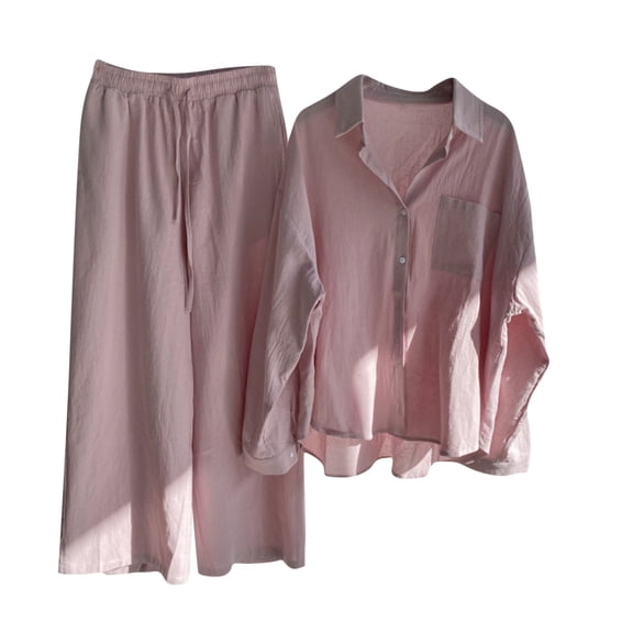 Annhoo Womens Cotton Linen 2 Pieces Outfits Long Sleeve Button down Shirts with Wide Leg Pants Lounge Sets Tracksuit