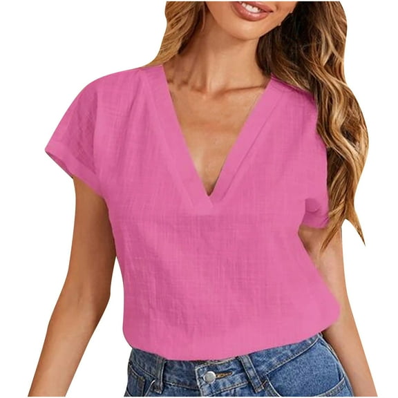 Annhoo Womens Cotton Linen Cropped Shirts Summer Lightweight Loose Short Sleeve Tops Casual V Neck Blouse Tees