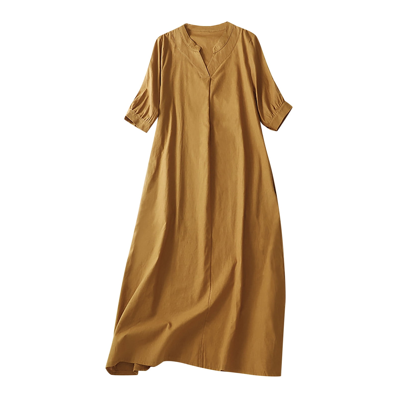 Womens Cotton Linen Dresses Short Sleeve Summer Casual Loose V Neck Long Dress Solid Comfy Maxi Dress