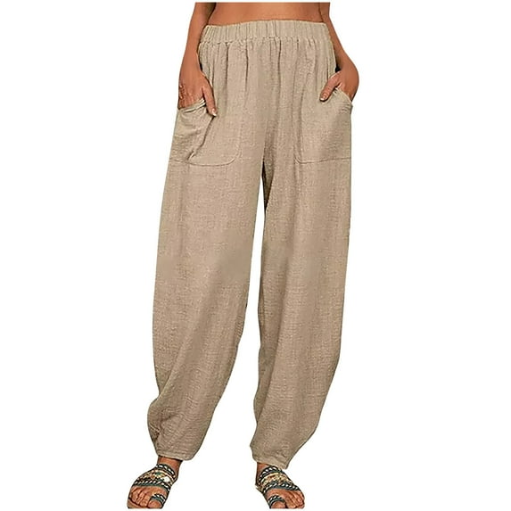Annhoo Womens Cotton Linen Pants Casual Loose Elastic Waist Solid Color Summer Beach Lounge Trousers with Pockets