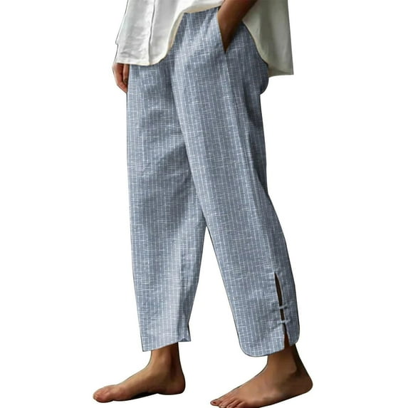 Annhoo Womens Cotton Linen Pants Striped Summer Straight Leg Side Slit Hem Lounge Beach Trousers with Pockets