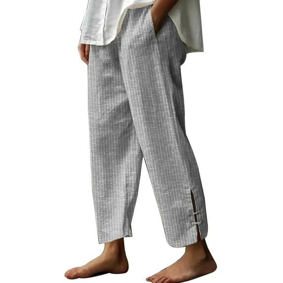 Annhoo Womens Cotton Linen Pants Striped Summer Straight Leg Side Slit Hem Lounge Beach Trousers with Pockets
