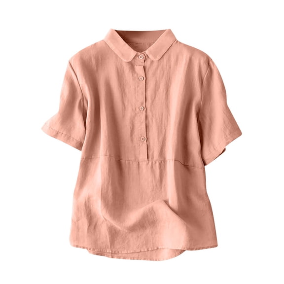 Annhoo Womens Cotton Linen Shirts V Neck Turndown Collar Button Short Sleeve Tunics Loose Plus Size Casual Tops