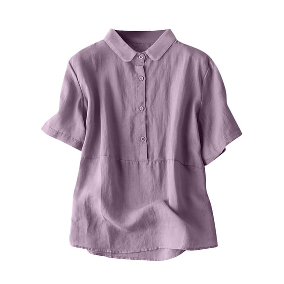 Annhoo Womens Cotton Linen Shirts V Neck Turndown Collar Button Short Sleeve Tunics Loose Plus Size Casual Tops