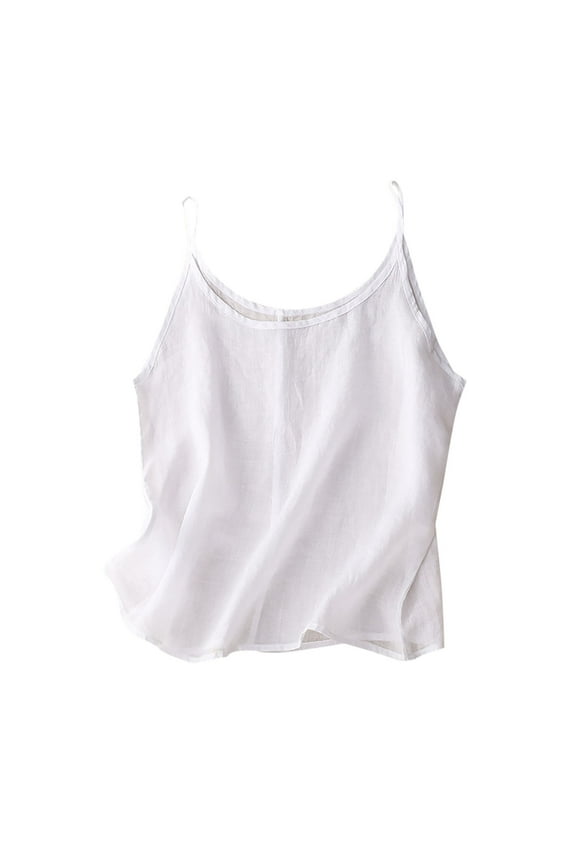Womens Cotton Linen Tank Tops Summer Spaghetti Strap Sleeveless Camisole Casual Trendy Solid Color Loose Shirt