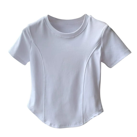 Annhoo Womens Crop Shirts Round Neck Short Sleeve Solid Color Slim Basic Tops Spring Summer Clothes