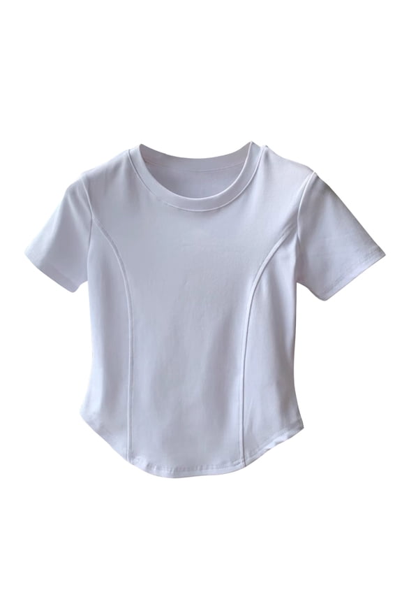 Womens Crop Shirts Round Neck Short Sleeve Solid Color Slim Basic Tops Spring Summer Clothes