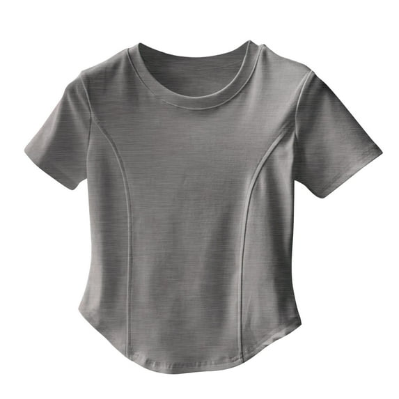 Annhoo Womens Crop Shirts Round Neck Short Sleeve Solid Color Slim Basic Tops Spring Summer Clothes
