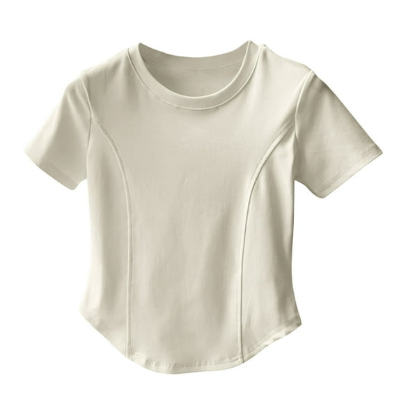 Annhoo Womens Crop Shirts Round Neck Short Sleeve Solid Color Slim Basic Tops Spring Summer Clothes