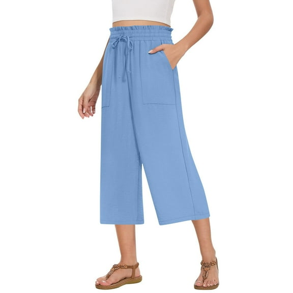 Annhoo Womens Cropped Pants Summer Ruffle Straight Wide Leg Elastic Waisted Drawstring Casual Trousers with Pockets