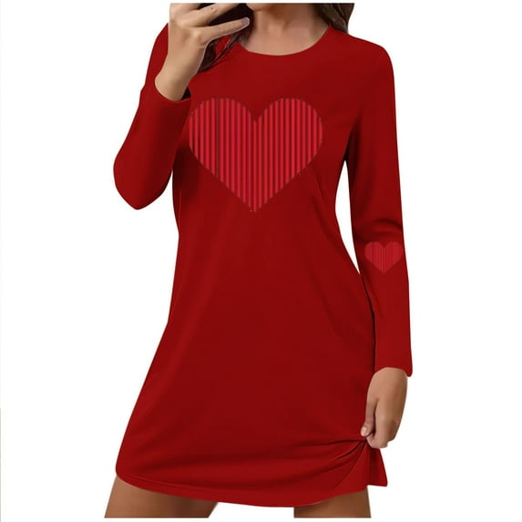 Annhoo Womens Cute Dresses Long Sleeve Crewneck Print Graphic Pullover Oversize Pajama Valentine's Day Clothes