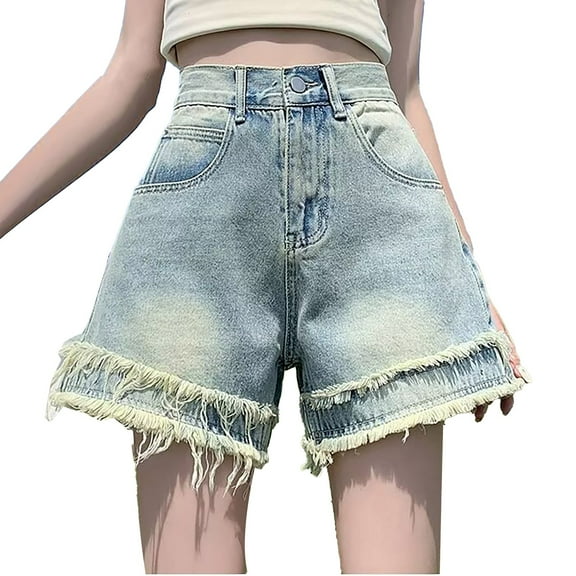 Annhoo Womens Denim Shorts Summer High Waisted Wide Straight Leg Stretchy Casual Solid Jean Shorts with Pockets