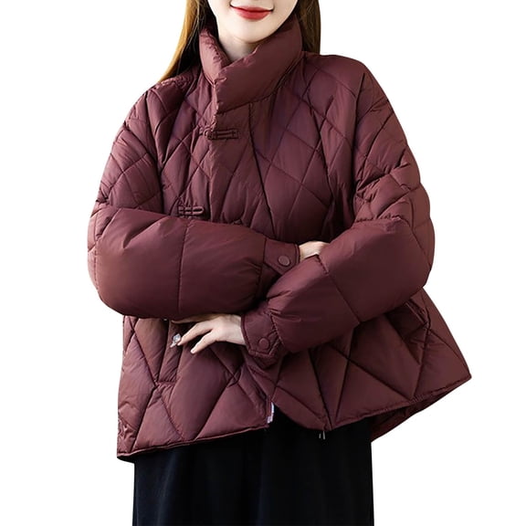 Annhoo Womens Down Jacket Solid Color Long Sleeve Hooded Padded Jacket Casual High Neck Winter Warm Zipper Quilted Coat