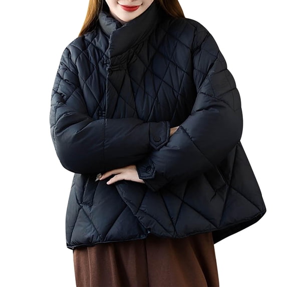 Annhoo Womens Down Jacket Solid Color Long Sleeve Hooded Padded Jacket Casual High Neck Winter Warm Zipper Quilted Coat