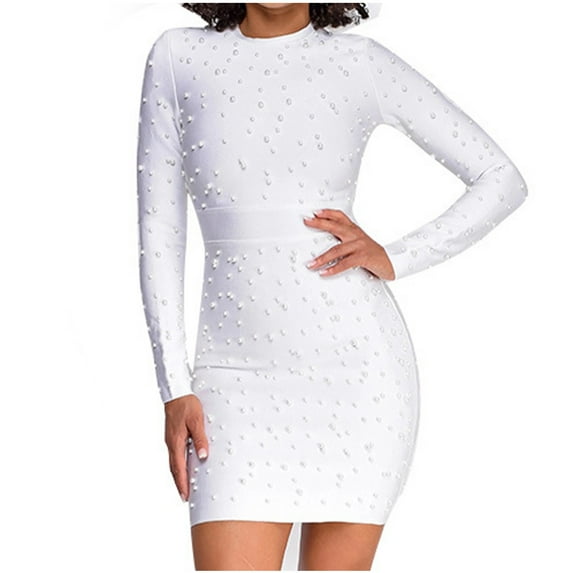 Annhoo Womens Dresses Fashion Pearl Embroideries Long Sleeve Bodycon Dress Elegant Evening Party Mini Dress
