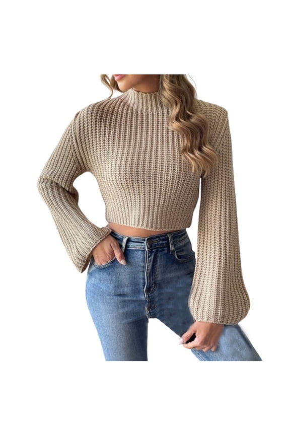 Womens Fall Knit Sweaters Casual Mock Neck Long Flare Sleeve Cropped Tops Going out Lounge Pullovers