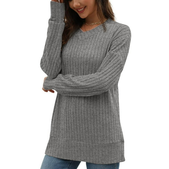 Annhoo Womens Fall Knitted Tops Casual Long Sleeve V Neck Sweater Tunics Ladies Comfy Soft Going out Blouses