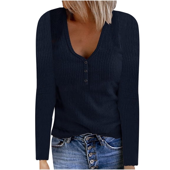 Annhoo Womens Fall Long Sleeve Tops Casual V Neck Button down Plain T Shirt Slim Knit Ribbed Blouse Tees