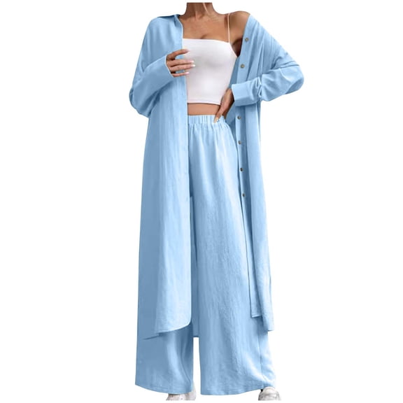 Annhoo Womens Fall Outfits 2 Piece Long Sleeve Lapel Button Tunics and High Waist Wide Leg Trousers Lounge Sets