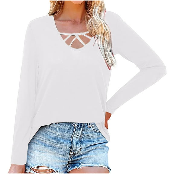 Annhoo Womens Fall Tops Fashion Criss Corss Long Sleeve Blouses Elegant V Neck T Shirts for Leggings