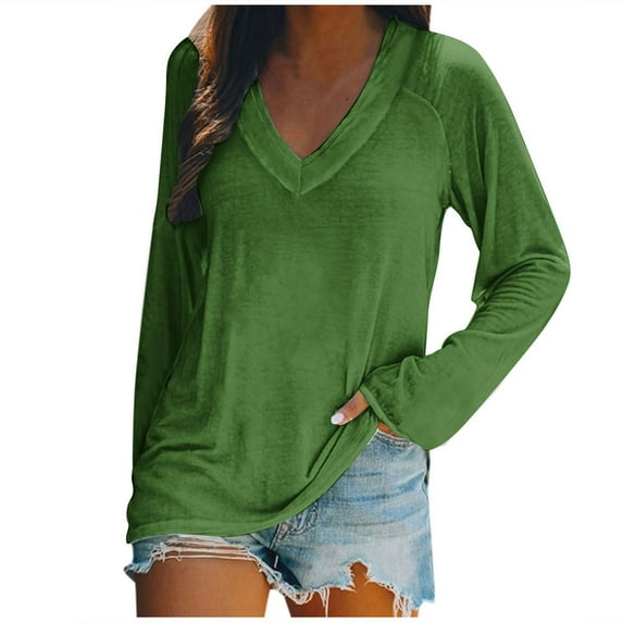Annhoo Womens Fall Tops Casual Long Sleeve V Neck Solid Color Blouses Loose Comfort Thin Pullover Shirts