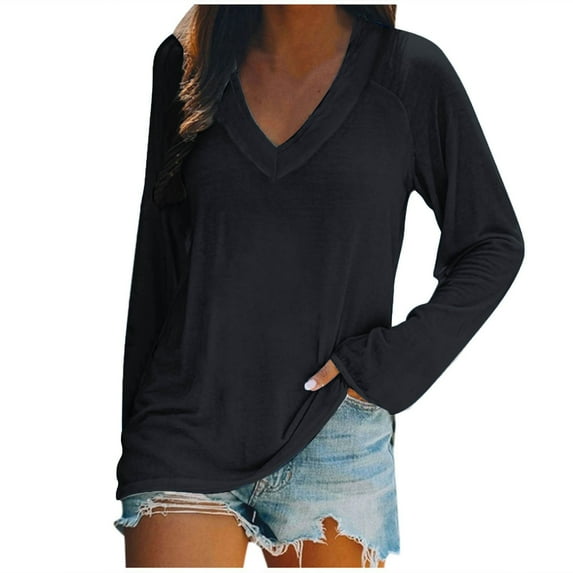 Annhoo Womens Fall Tops Casual Long Sleeve V Neck Solid Color Blouses Loose Comfort Thin Pullover Shirts