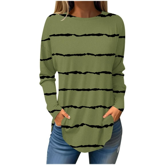 Annhoo Womens Fall Tops Long Sleeve Casual Baggy Round Neck T Shirts Plus Size Trendy Stripes Print Tunics
