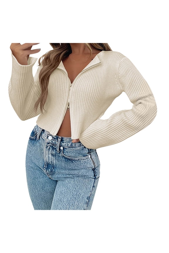Womens Fall Tops Trendy Zip up Long Sleeve Knitted Cropped Shirts Outdoors Lounge Slim Ribbed Blouses